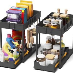 Meltrck 2 Pieces Kitchen Undersink Organizer 2 Levels, Pull-Out Shelf for Sink, Under Sink Storage Rack with 8 Hooks