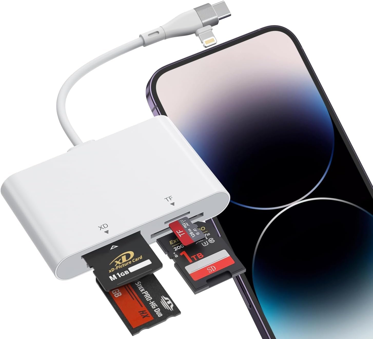 Memory Stick Pro Duo USB C/Lightning Adapter, SD/MicroSD/MS/xD 4 in 1 Card Reader for Sony Cybershot SD Card, Memory Stick Pro Duo Reader for iPhone17/16/14/Macbook/iPad/PC/Laptop/Windows - Image 2