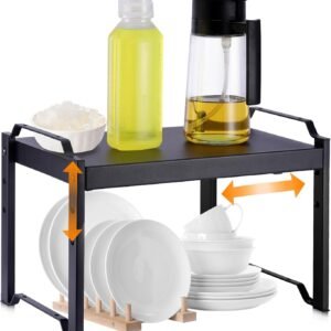 Mensola portaoggetti da cucina, mensola espandibile 32-53 cm per pensili, mensole resistenti per piano cucina, mensola regolabile in nero con 3 altezze, organizer per scrivania e mobili