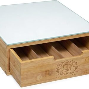 Mobile porta cialde e capsule caffè - Organizer in legno con ripiano in vetro bianco lucido e cassetto salvaspazio, 30 x 30 x 10 cm, porta macchina da caffè, postazione caffè per cucina e ufficio