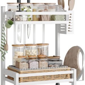 NETEL Portaspezie a 2 Livelli, Scaffale Portaspezie Antiruggine Scaffale Salvaspazio Organizzatore da Cucina con Ganci, 32,5 x 20 x 40 cm, Bianco