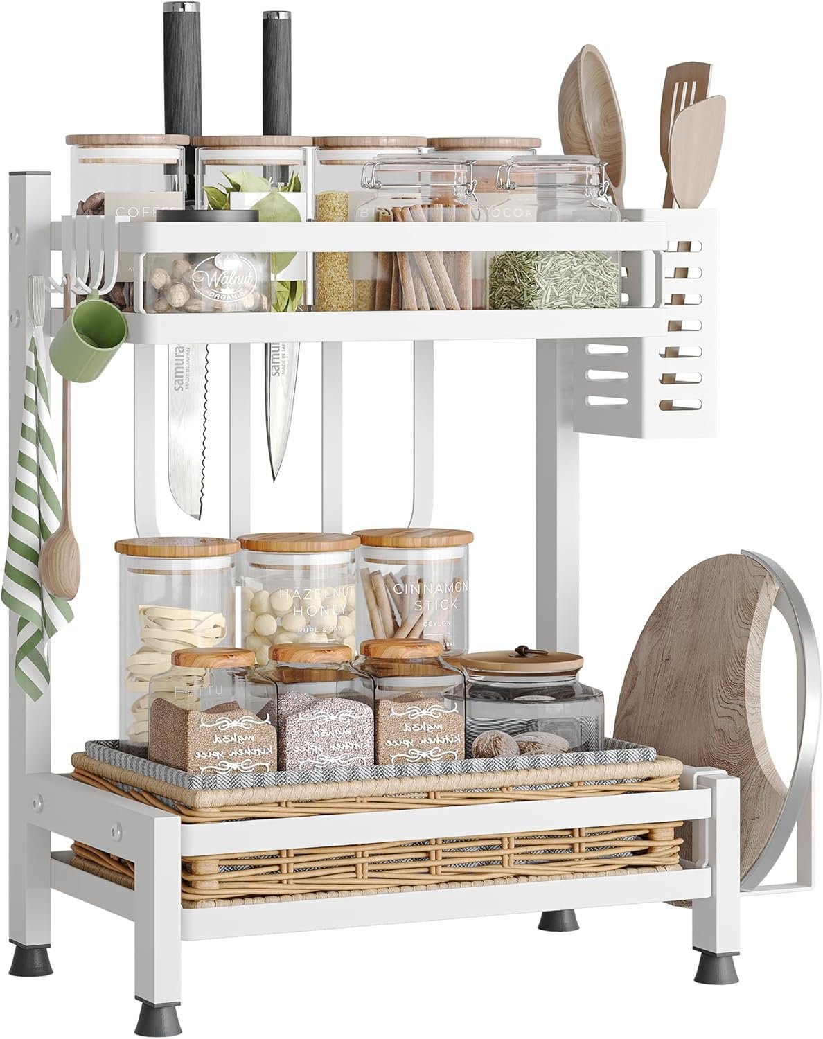 NETEL Portaspezie a 2 Livelli, Scaffale Portaspezie Antiruggine Scaffale Salvaspazio Organizzatore da Cucina con Ganci, 32,5 x 20 x 40 cm, Bianco