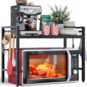 NETEL Ripiano Estensibile per Microonde a 2 Ripiani, Supporto per Microonde Salvaspazio, Ripiano per Friggitrice ad Aria, Mensola da Cucina, Organizer per Cucina con 8 Ganci, Nero