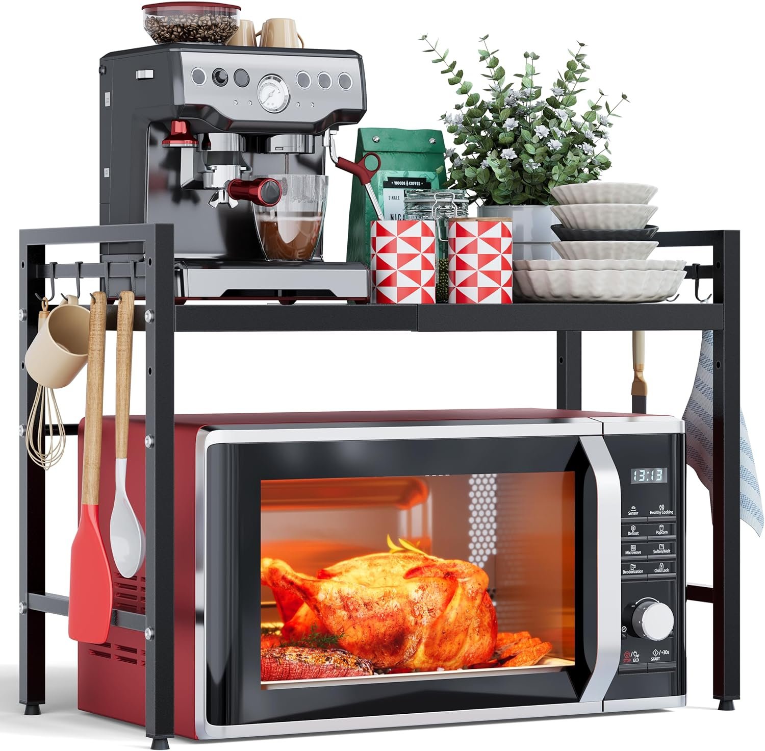 NETEL Ripiano Estensibile per Microonde a 2 Ripiani, Supporto per Microonde Salvaspazio, Ripiano per Friggitrice ad Aria, Mensola da Cucina, Organizer per Cucina con 8 Ganci, Nero