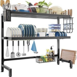 NETEL Scolapiatti da Sopra il Lavello, Scolapiatti Antiruggine sul Mensola del Lavello Organizzatore Salvaspazio a 3 Ripiani con Porta Utensili, Porta Tagliere da Cucina Nero, Lunghezza 84 cm