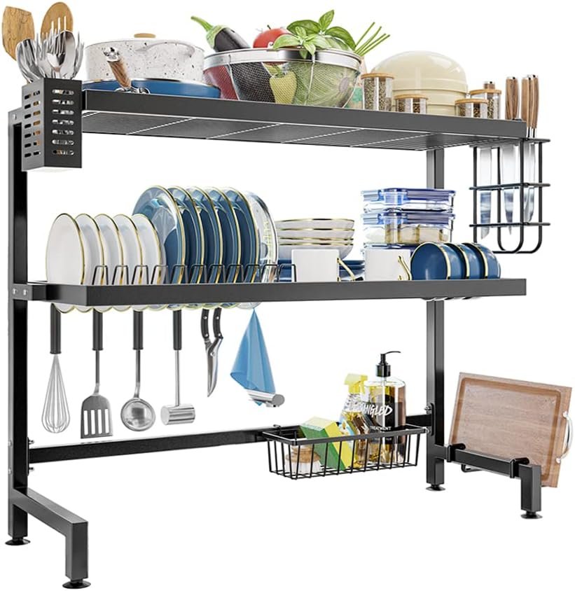 NETEL Scolapiatti da Sopra il Lavello, Scolapiatti Antiruggine sul Mensola del Lavello Organizzatore Salvaspazio a 3 Ripiani con Porta Utensili, Porta Tagliere da Cucina Nero, Lunghezza 84 cm
