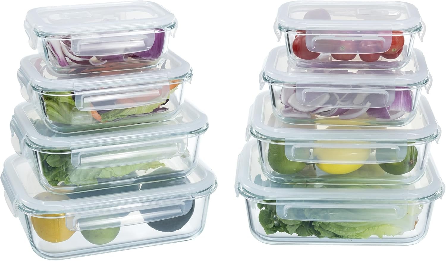 Navaris Contenitori Ermetici in Vetro per Alimenti – Set 6 Contenitori per Microonde/Congelatore per Lavastoviglie con Coperchio – 4 Misure Rettangolari Impilabili