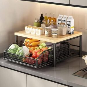 Organizer da cucina con cassetto e cestello in filo metallico, ripiano in legno a 2 livelli salvaspazio per microonde, tostapane, spezie e accessori da cucina