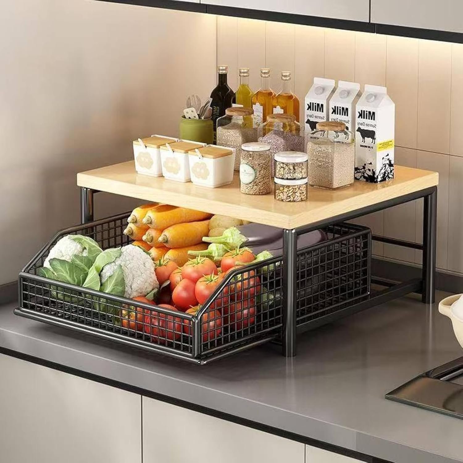 Organizer da cucina con cassetto e cestello in filo metallico, ripiano in legno a 2 livelli salvaspazio per microonde, tostapane, spezie e accessori da cucina