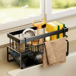 Organizer da cucina, organizer sotto il lavello con vassoio autodrenante per porta spugna, spugna, accessori super salvaspazio per cucina e bagno (Nero)
