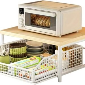 Organizer da cucina salvaspazio con cassetto e cestello in filo metallico - Ripiano in legno massello per macchina da caffè, bianco