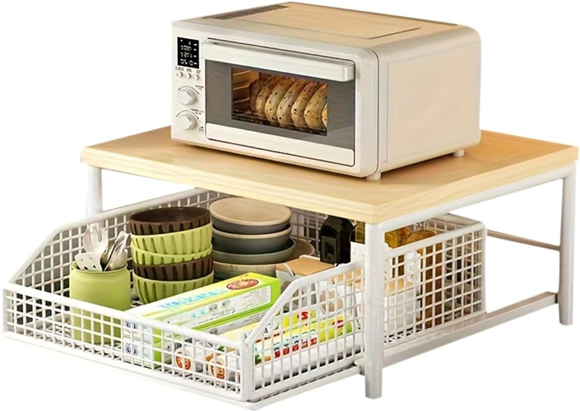 Organizer da cucina salvaspazio con cassetto e cestello in filo metallico - Ripiano in legno massello per macchina da caffè, bianco