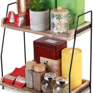 Organizzatore portaspezie salvaspazio, scaffale da cucina con 2 ripiani in legno, organizer da cucina per piano di lavoro cucina bar caffetteria casa ufficio