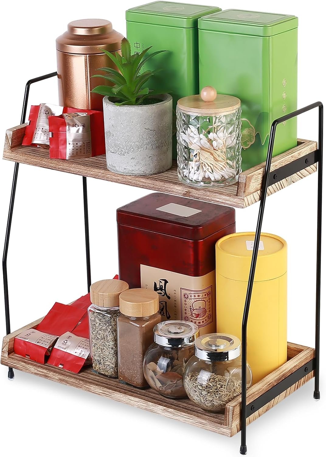 Organizzatore portaspezie salvaspazio, scaffale da cucina con 2 ripiani in legno, organizer da cucina per piano di lavoro cucina bar caffetteria casa ufficio