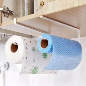 Paper Towel Rack and Organizer No Drilling Heavy Duty Adhesive Holder for Kitchen Bathroom Space Saving Metal Design (White)