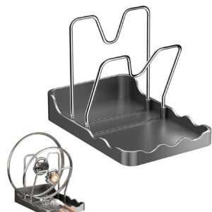 Porta Coperchi Pentole con Porta Mestoli, Organizer Coperchi Pentole per Piani di Lavoro della Cucina, Risparmio Spazio, può Contenere Due Coperchi, Mantenendo le Pentole a Portata di Mano, Grigio