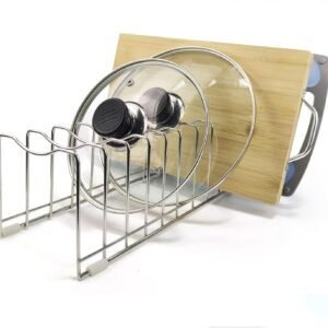 Portacoperchio salvaspazio per pentola, Padella organizer a 9 scanalature, Portacoperchio in acciaio inossidabile con 4 cuscinetti in silicone, Portacoperchio per cassetto, Mensola da cucina, Organizer da cucina