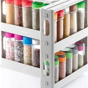 Portaspezie Girevole e Scorrevole InnovaGoods®, Capacità: 20 Contenitori Classici, Rispick InnovaGoods, Rotazione di 90º, 2 Ripiani e 2 Altezze, Dimensioni circa: 10 x 28 x 28,5-45 cm