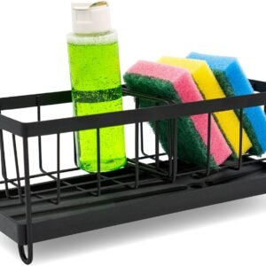 Portaspugna per lavello da cucina in acciaio inossidabile nero - Organizer da cucina salvaspazio con vassoio di drenaggio
