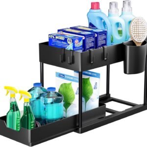 Puricon Organizer per lavello da cucina a 2 livelli, organizer multiuso sotto il lavello per cucina e bagno (Nero, 1)