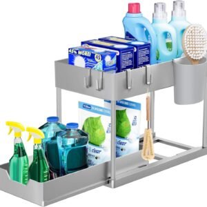 Puricon Organizzatore per lavello da cucina, portaoggetti multiuso salvaspazio estraibile a 2 livelli per cucina e bagno, colore grigio