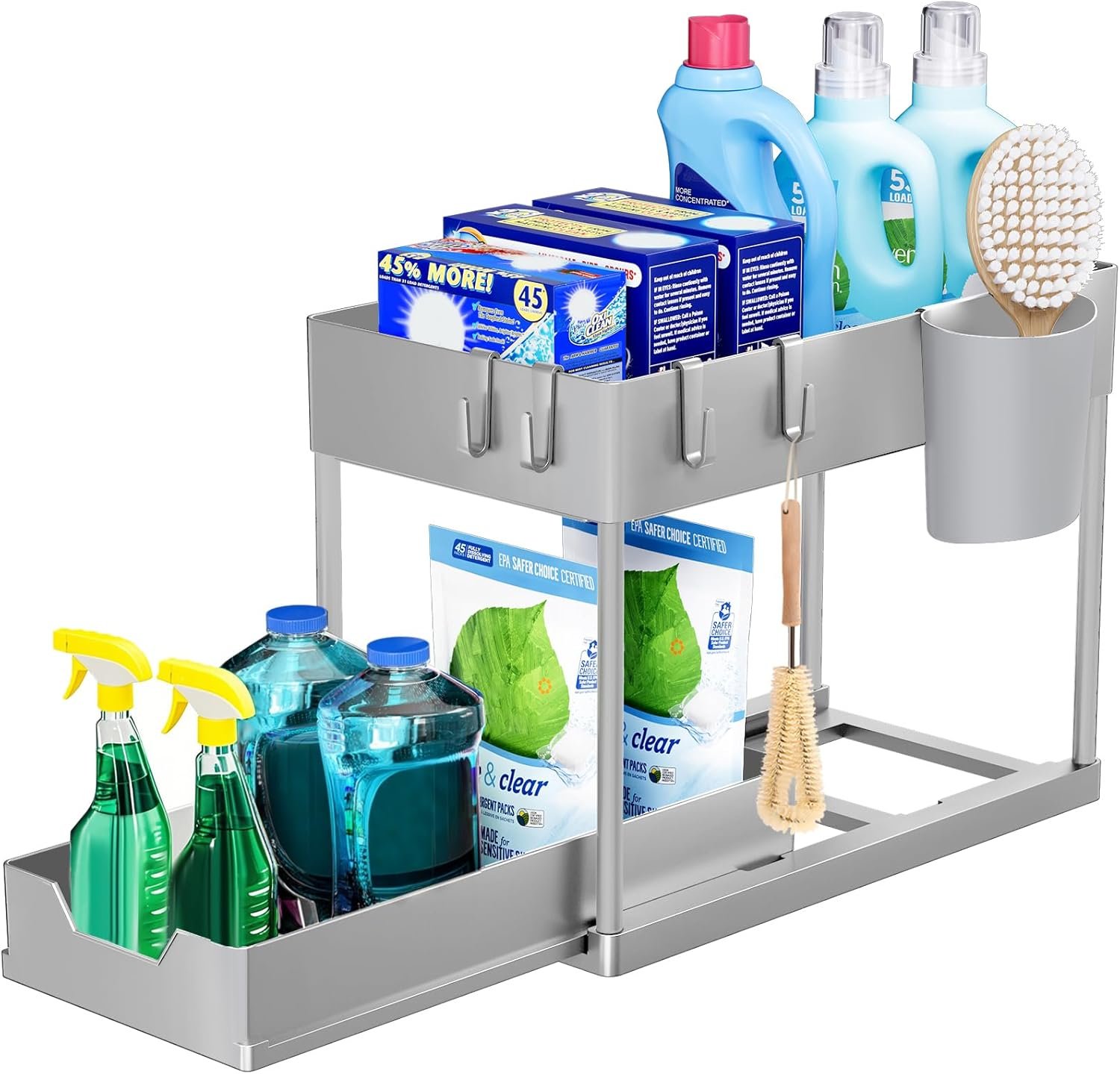 Puricon Organizzatore per lavello da cucina, portaoggetti multiuso salvaspazio estraibile a 2 livelli per cucina e bagno, colore grigio