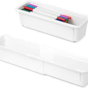 QIWODE Organizzatore per cassetti estensibile, scatola divisoria per cassetti in plastica, organizer per cassetti salvaspazio per cucina, bagno, ufficio, guardaroba, scrivania, bianco (confezione da 2)