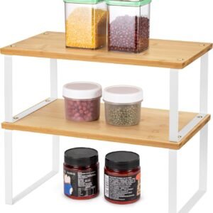 QIWODE Set di 2 ripiani per armadio espandibili ripiani impilabili cucina dispensa portaspezie metallo bambù naturale