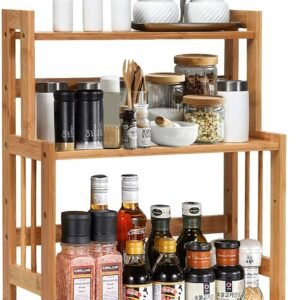 RELAX4LIFE Portaspezie da tavolo in bambù a 3 ripiani, portaspezie da cucina salvaspazio, organizer e contenitore con grande capacità e altezza regolabile, 41 x 18 x 50 cm