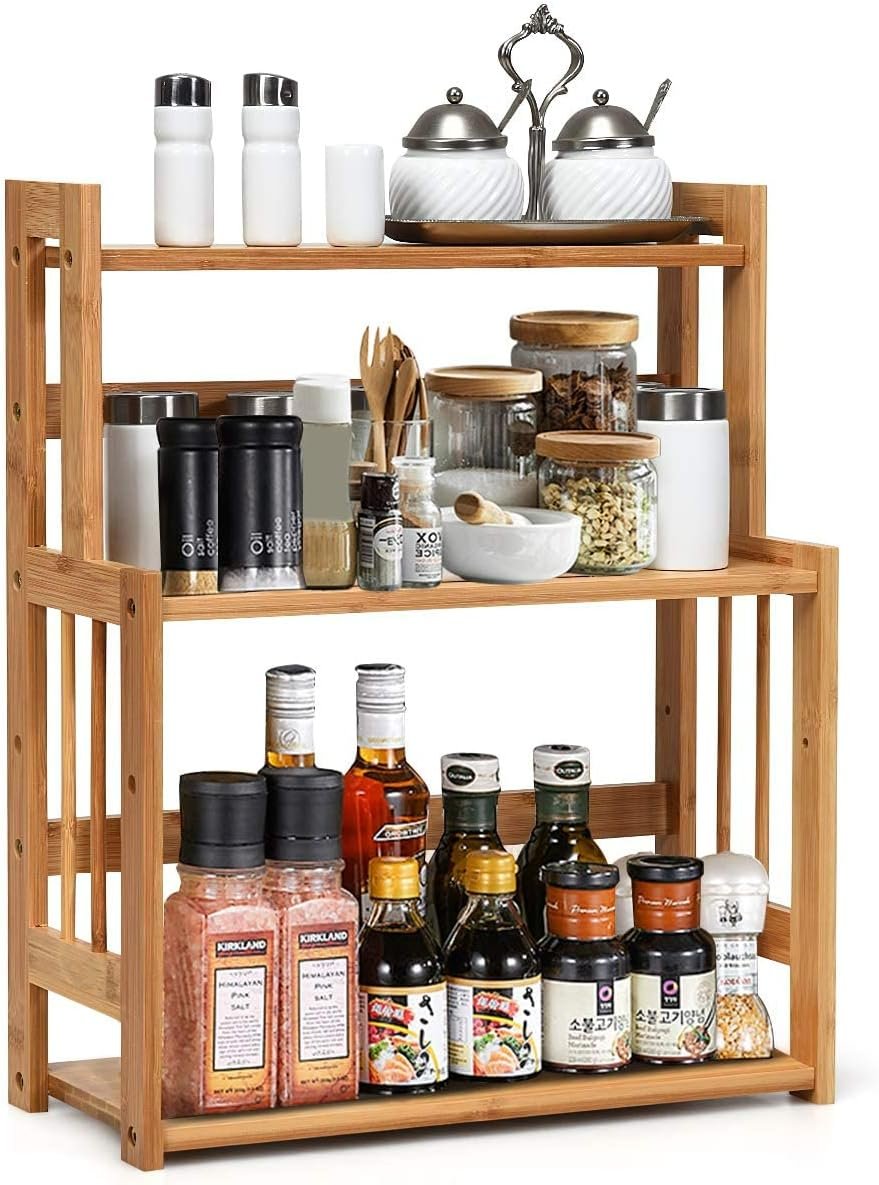 RELAX4LIFE Portaspezie da tavolo in bambù a 3 ripiani, portaspezie da cucina salvaspazio, organizer e contenitore con grande capacità e altezza regolabile, 41 x 18 x 50 cm