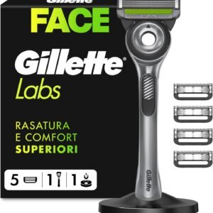 Rasoio da barba manuale Gillette Labs con barra integrata, 1 manico, 5 lame di ricambio Gillette con base magnetica, grigio, rasoio da barba e lame di ricambio