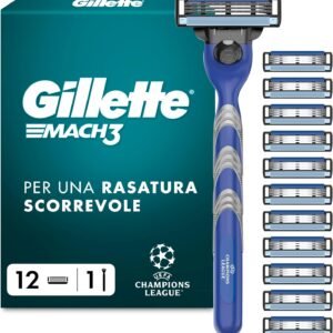 Regolabarba da uomo Gillette Mach3, lamette a mano libera, 1 manico e 12 lamette da 3 lame, risciacquo facile, con gel lubrificante, fino a 15 rasature con 1 testina