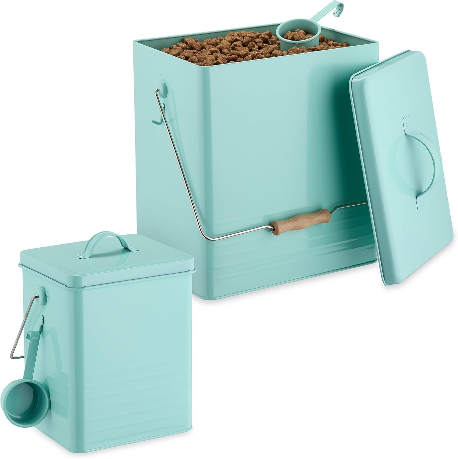 Relaxdays Contenitore per Cibo per Cani, Set di 2 Contenitori per Cibo per Gatti, 5,5 L e 16 L, Porta Cibo con Paletta, Turchese