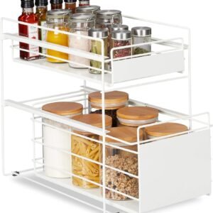 Relaxdays Organizer da Cucina, 2 Ripiani Allungabili, Organizer Autoportante, Salvaspazio, Cassetto Multiuso, Bianco