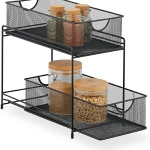 Relaxdays Organizer per Armadietto da Cucina, Organizer Estraibile in Metallo, 2 Cestini, 32 x 19 x 35,5 cm, Nero