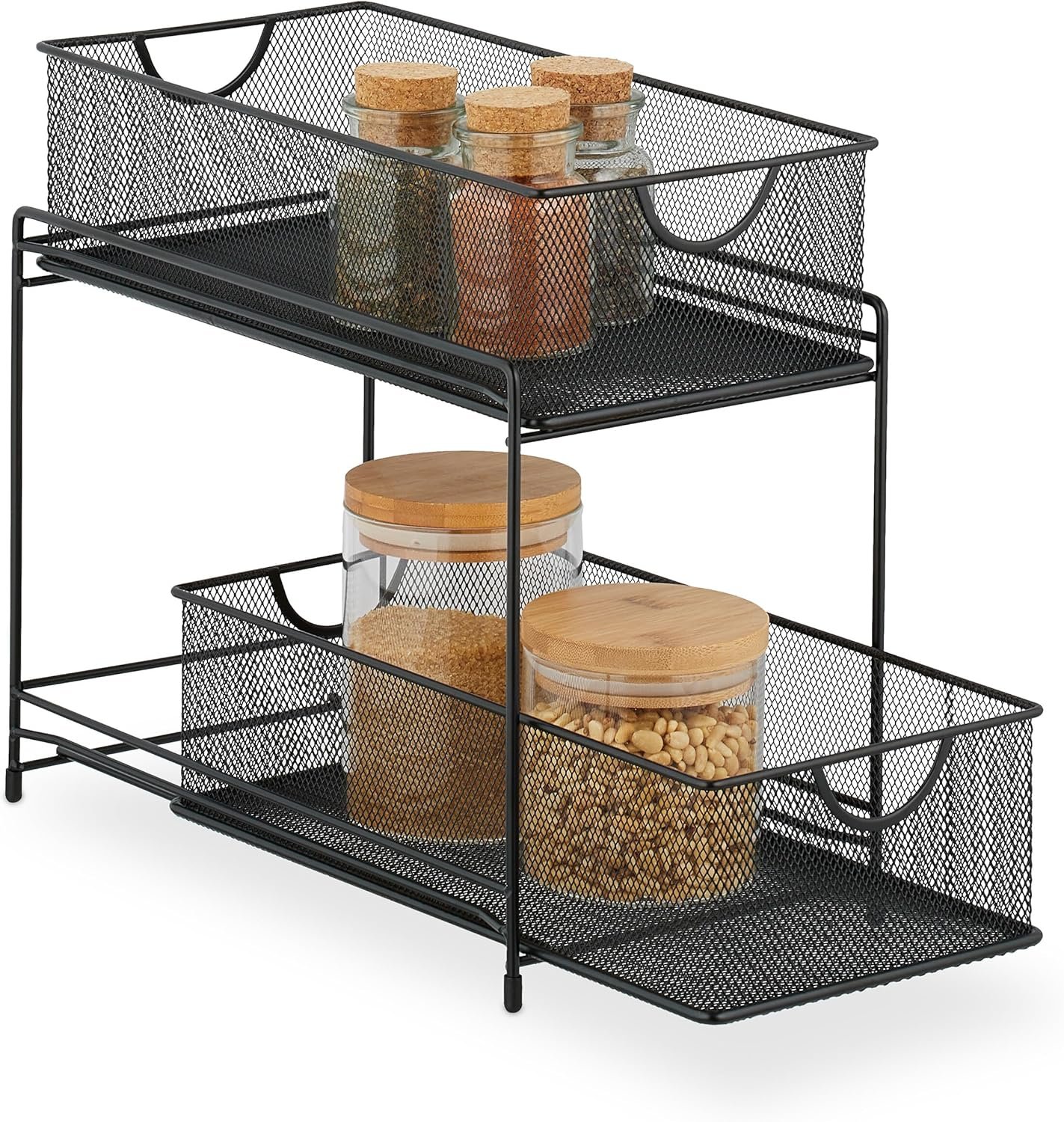 Relaxdays Organizer per Armadietto da Cucina, Organizer Estraibile in Metallo, 2 Cestini, 32 x 19 x 35,5 cm, Nero