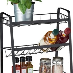 Relaxdays Portaspezie da Cucina Salvaspazio a 3 Ripiani, Porta Spezie, Olio, Aceto, da Terra, in Metallo, Nero