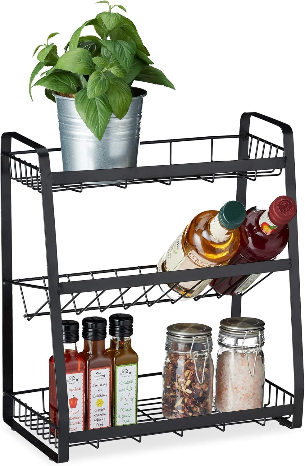 Relaxdays Portaspezie da Cucina Salvaspazio a 3 Ripiani, Porta Spezie, Olio, Aceto, da Terra, in Metallo, Nero