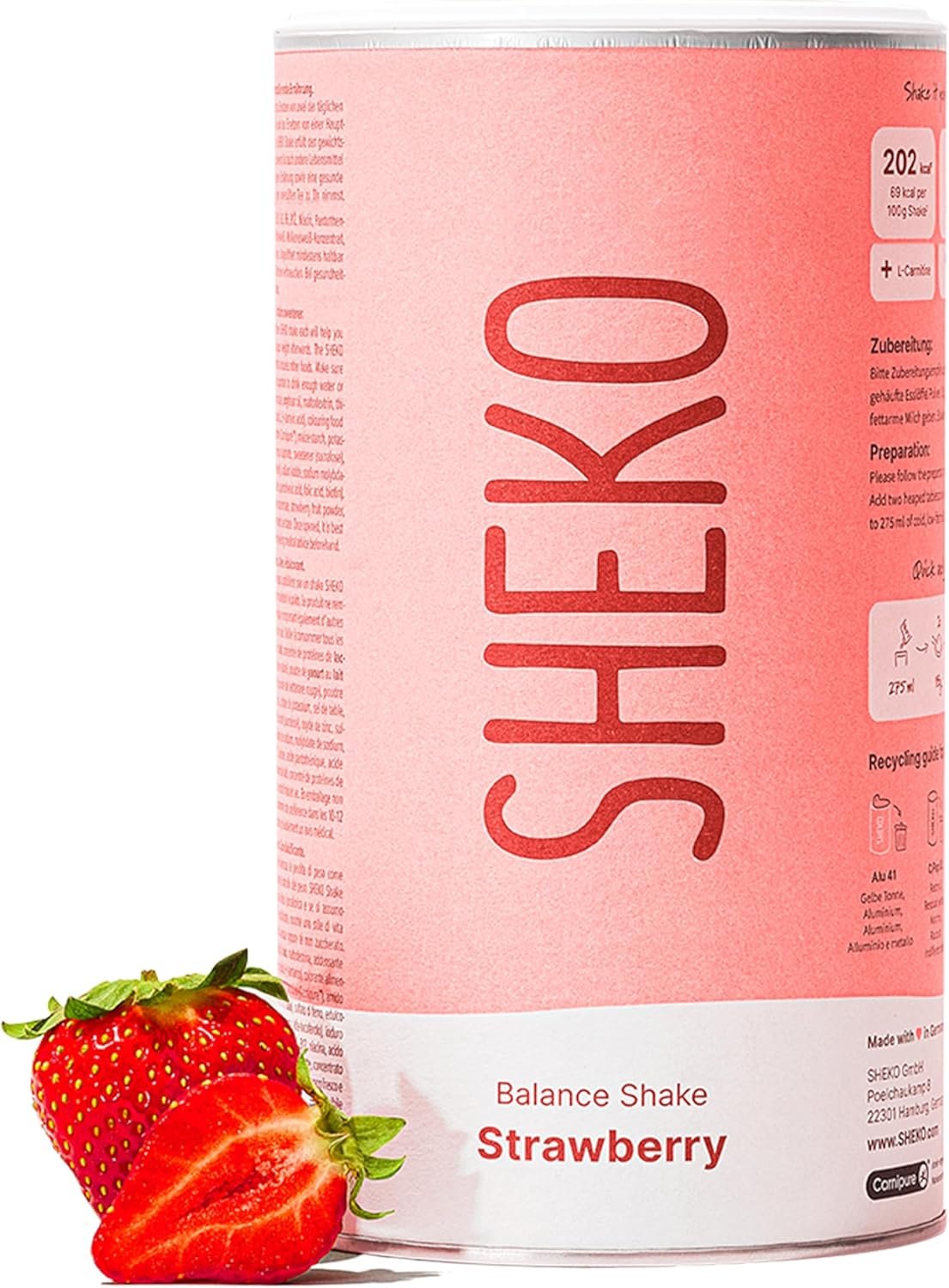 SHEKO - Frullato sostitutivo di base - 21 frullati per vasetto - Alto contenuto proteico - Gusto naturale - Frullato dimagrante - Diet (378g, Fragola)