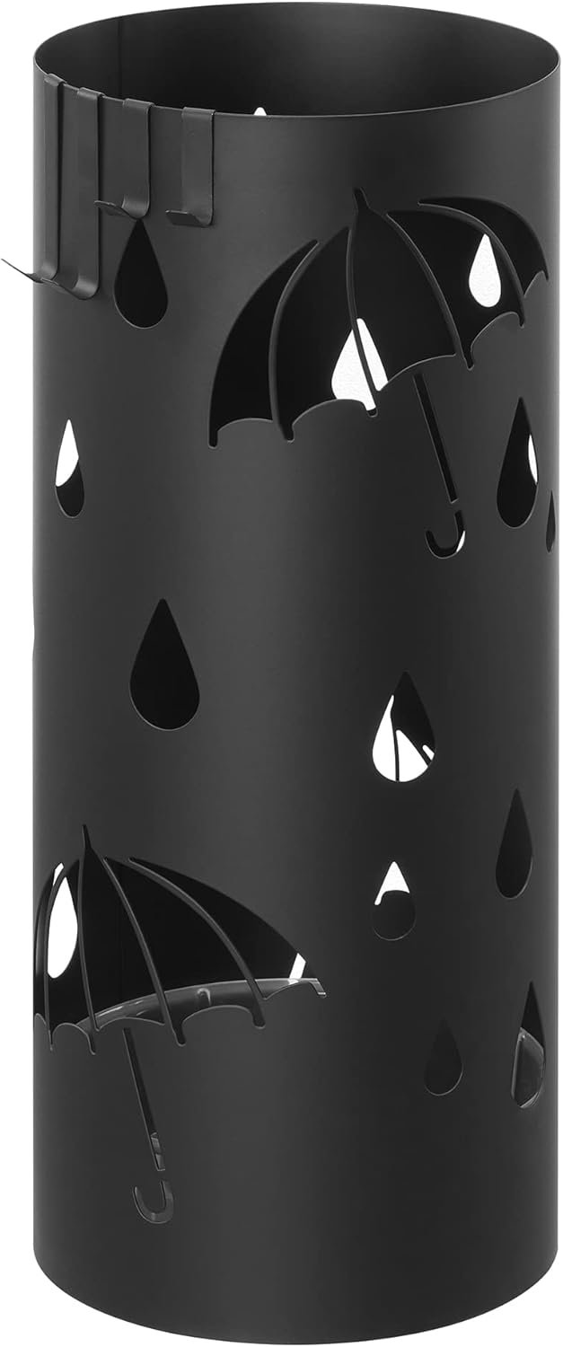 SONGMICS LUC024B01 Portaombrelli da Ingresso, Portaombrelli in Acciaio con Gocciolatoio Removibile e 4 Ganci, Diametro 17 x 41 cm, Nero