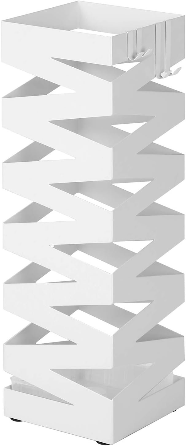 SONGMICS LUC16W Portaombrelli in Metallo, Portaombrelli Quadrato con 4 Ganci e Vassoio Antipioggia Rimovibile, 15,5 x 15,5 x 49 cm, Bianco