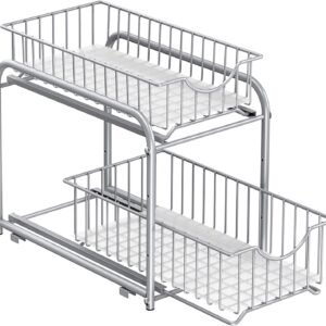 SONGMICS Organizzatore da Cucina, Ripiano Estraibile a 2 Ripiani, Organizzatore Impilabile Sotto il Lavello con Cassetti Portaoggetti per Cucina, Bagno, Grigio Talpa KCS017E01V1