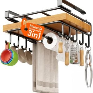 Scaffale sottopensile da cucina in acciaio inox Avilia – 10 ganci + portarotolo integrato + tagliere | Organizer salvaspazio 3 in 1 da posizionare sotto il mobiletto | 26,5x25x7 cm