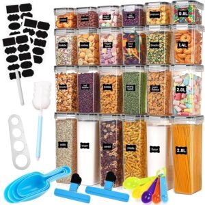 Set Contenitori Alimentari per Cereali, 24 Pezzi Ermetici, Senza BPA, per Pasta, Farina, Zucchero, Plastica con Coperchi con Etichette, Cucchiaio