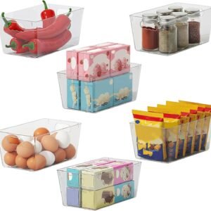 Set di 6 Contenitori Frigo Trasparenti, Organizzatore Cucina in Plastica Senza BPA con Manici, Salvaspazio, 24 x 13 x 11 cm