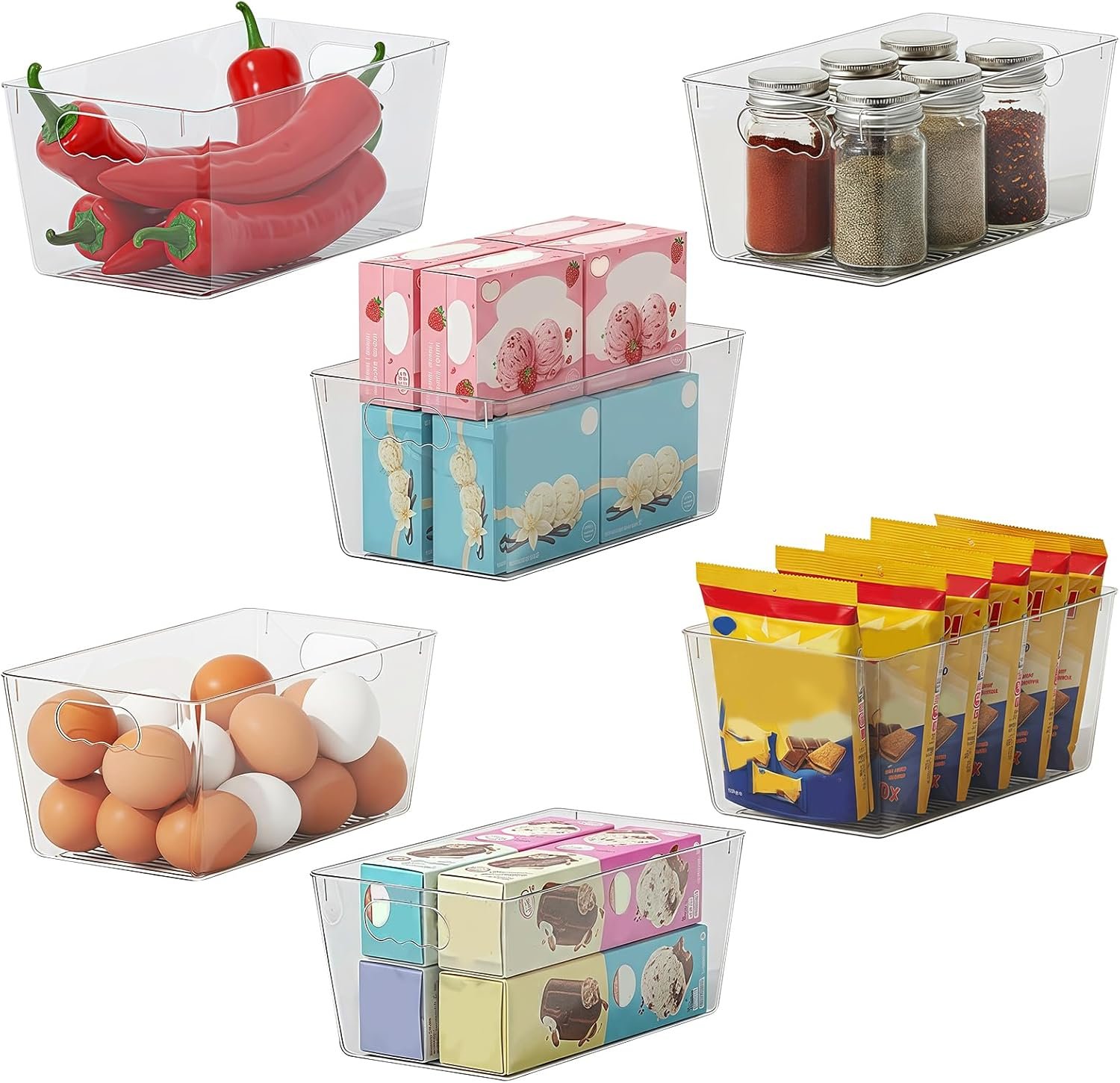 Set di 6 Contenitori Frigo Trasparenti, Organizzatore Cucina in Plastica Senza BPA con Manici, Salvaspazio, 24 x 13 x 11 cm