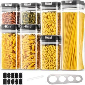 Set di 7 contenitori da cucina con coperchio nero, contenitore per cereali, spaghetti, facile da impilare