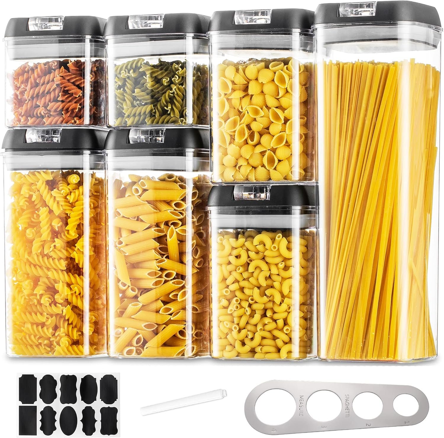 Set di 7 contenitori da cucina con coperchio nero, contenitore per cereali, spaghetti, facile da impilare