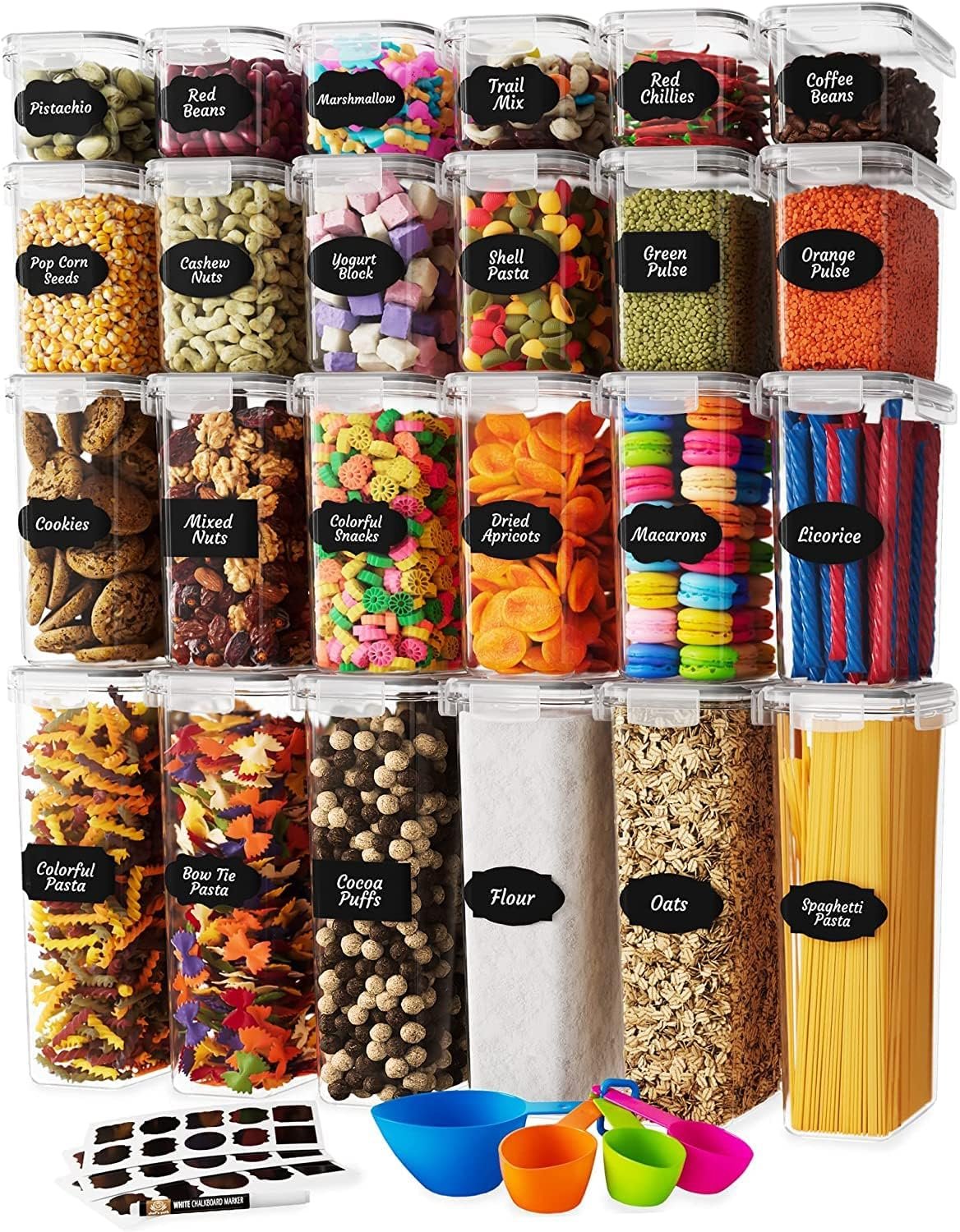 Set di contenitori per alimenti ermetici da 24 pezzi per l'organizzazione di cucina e dispensa Contenitori in plastica senza BPA con coperchi resistenti Ideali per cereali, farina e zucchero, set di