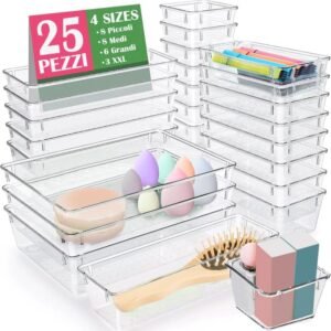 Shally Dogan Set di 25 organizer per cassetti in plastica trasparente, divisori salvaspazio per trucchi, cucina, posate, accessori, bagno, vassoi portaoggetti